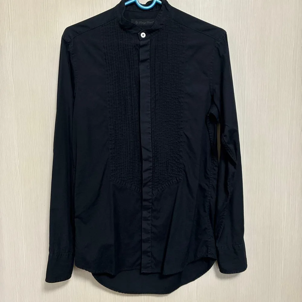 Lounge Lizard 長袖 プリーツシャツ ブラック バンドカラー