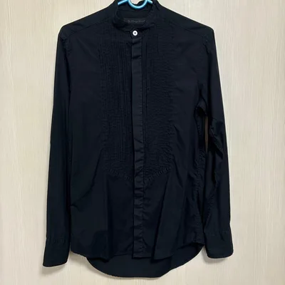 Lounge Lizard 長袖 プリーツシャツ ブラック バンドカラー