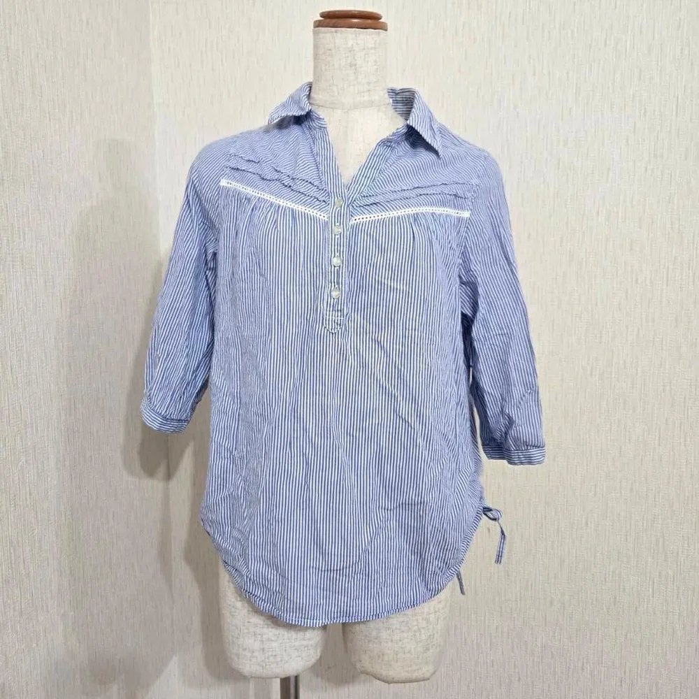 grove グローブ ストライプシャツ レース使い 長袖(M)