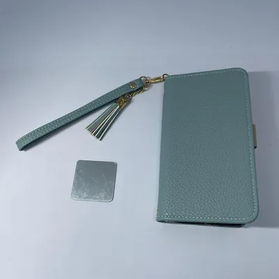 【新品未使用】ミラー&ストラップ付き 手帳型スマホケース くすみブルー レザー調