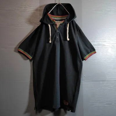 フーディー 虹色ライン 鹿の子 半袖ポロシャツ L ダークグレー