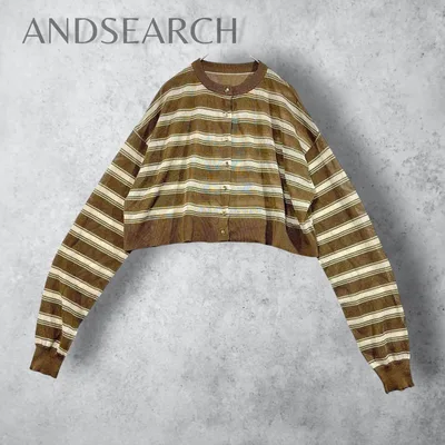 ANDSEARCH ボーダー カーディガン ブラウン M 長袖 洗える