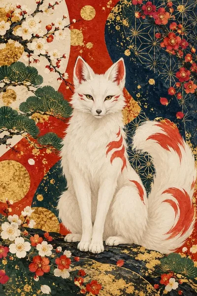 白狐と梅 和柄アート アートポスター インテリア 絵画 壁掛け おしゃれ ギフト
