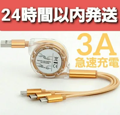3in1 充電ケーブル 巻取り式 ケーブル iPhone ゴールド A6