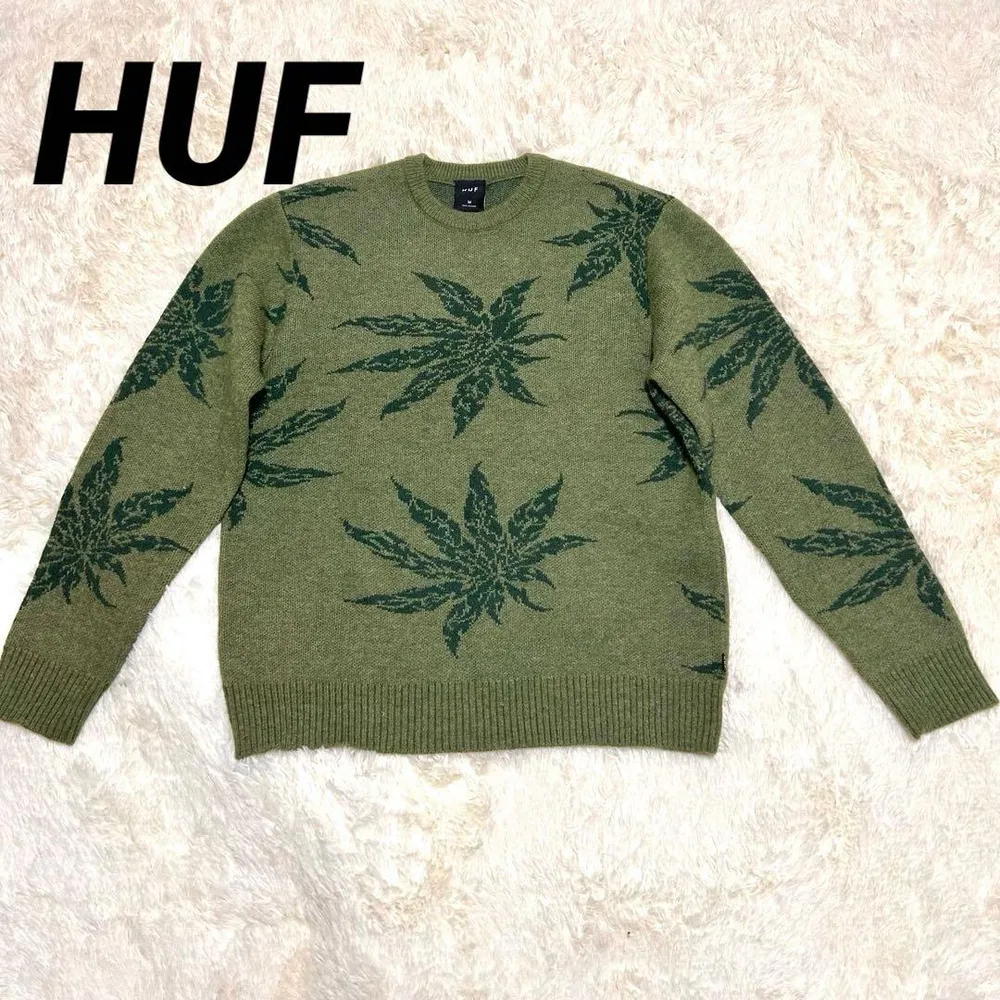 人気総柄 M】HUF トライバル クルーネック ニット セーター カーキ 緑