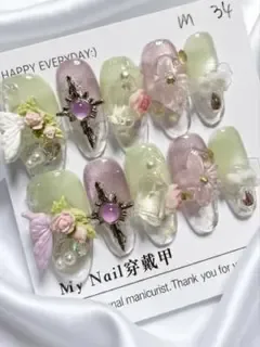 【SALE】ネイルチップ ミディアムオーバル 爪先クリア 花パーツMサイズ