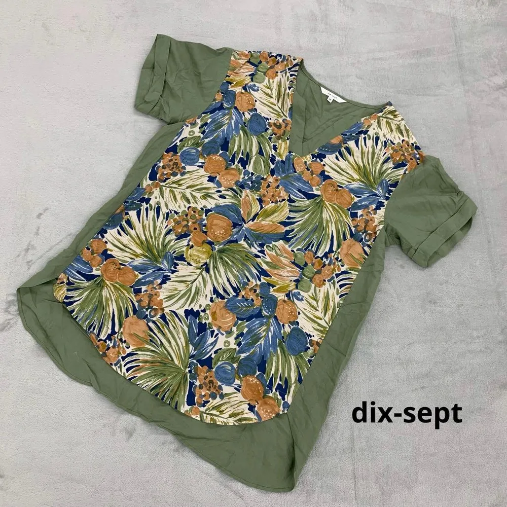 dix-sept リネン半袖カットソー オシャレVネック ボタニカル柄 38