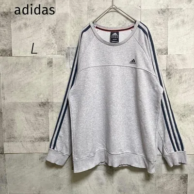 adidas【L】トレーナー スウェット グレー ロゴ クルーネック 3ライン