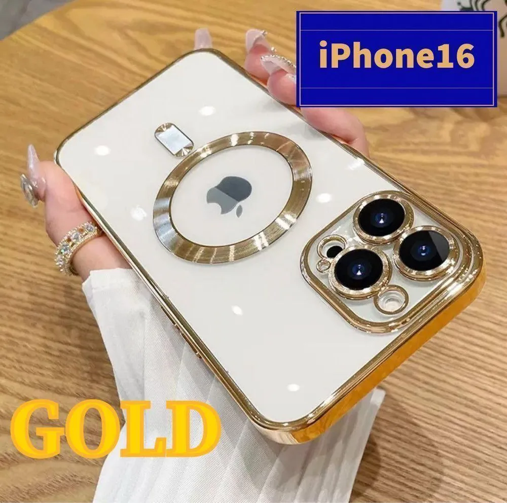Magsafe対応 iPhone16用 クリアケース ゴールド レンズ保護付き
