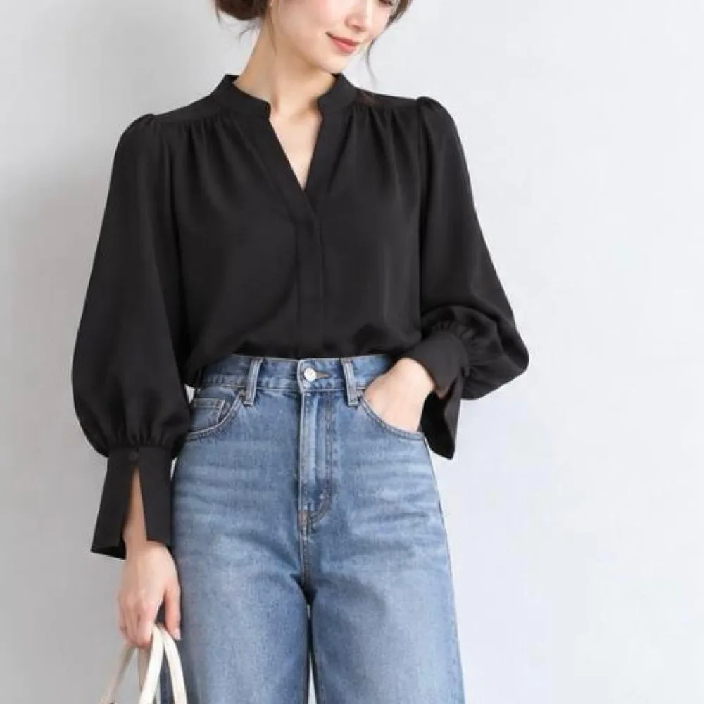 BANANA REPUBLIC ボリューム袖 スキッパーブラウス 黒 M