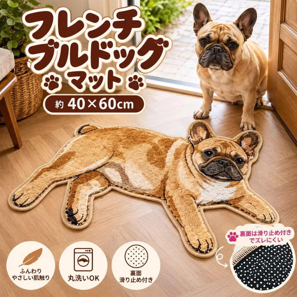 フレンチブルドッグ フレブル マット ラグ 約40✕60cm 癒し 犬