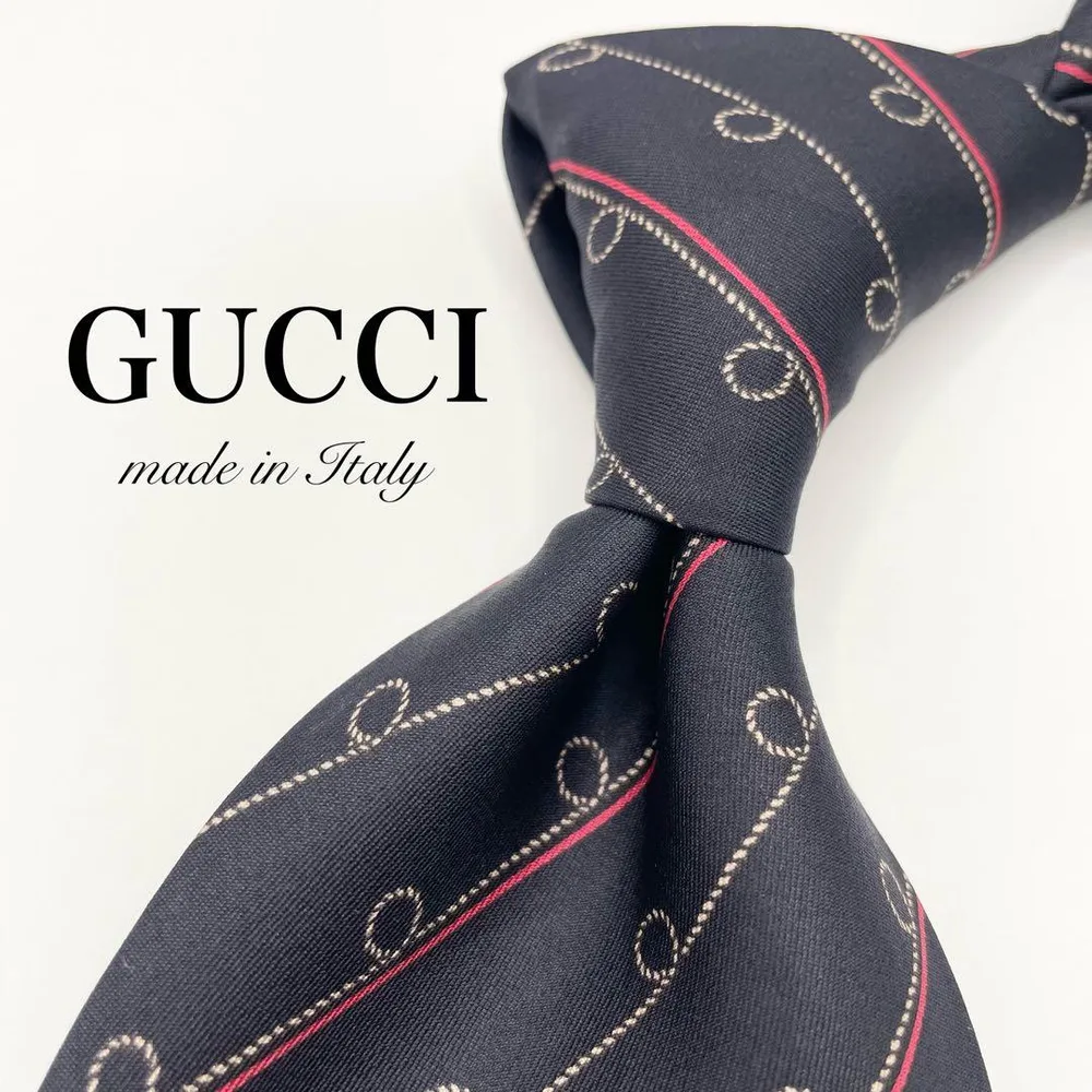 【美品】 GUCCI ストライプ柄 ブラック ネクタイ イタリア製 ロープ