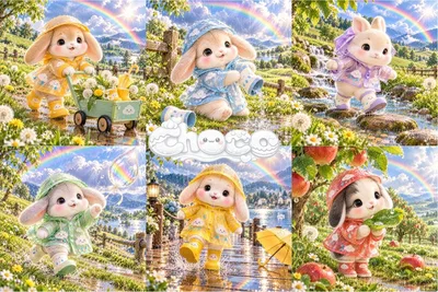 X161 choco パネル生地 6柄 雨上がりの虹とレインコートうさぎ