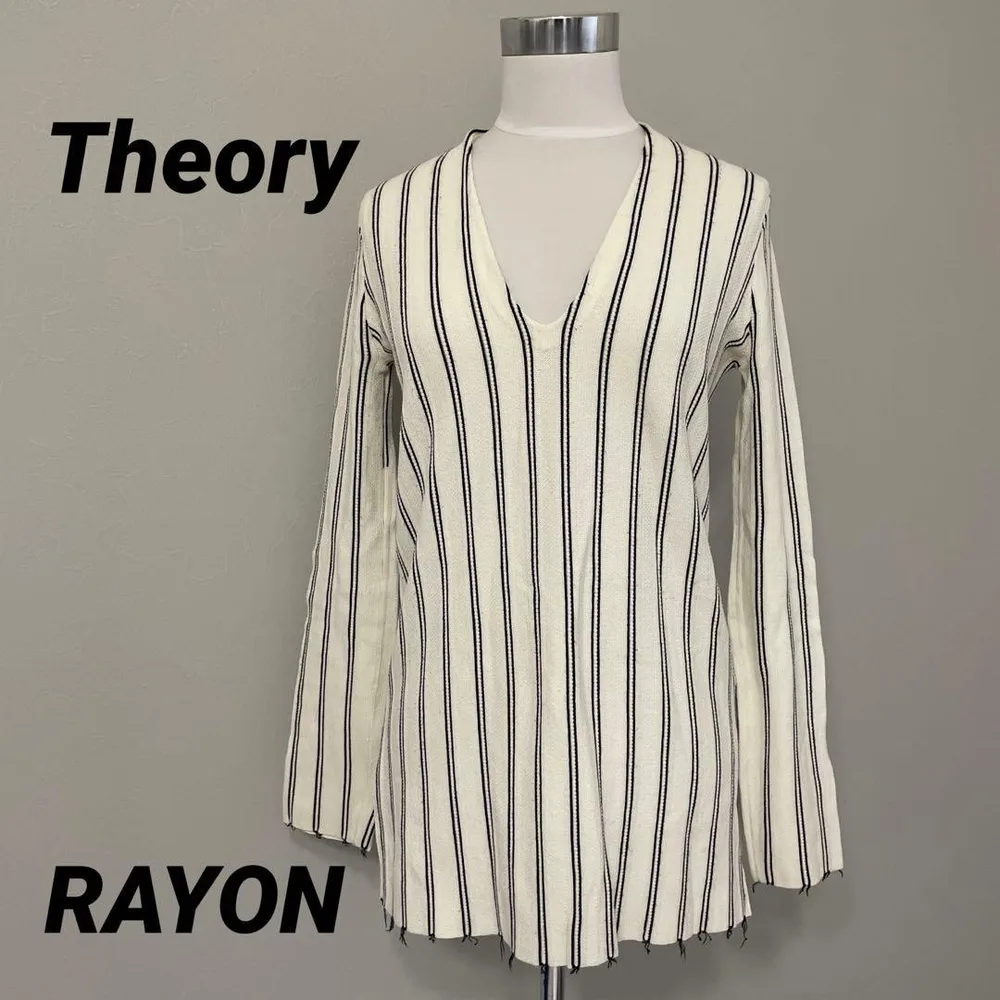 セオリー theoryストライプ Vネック 長袖 トップス ホワイト ブラック