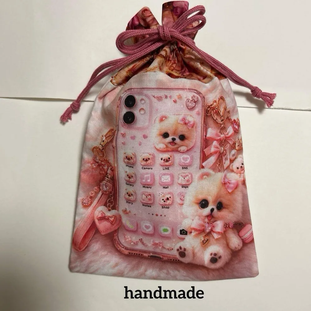 一点限定品❗️ポメラニアンMyスマホ柄 両面巾着 ハンドメイド