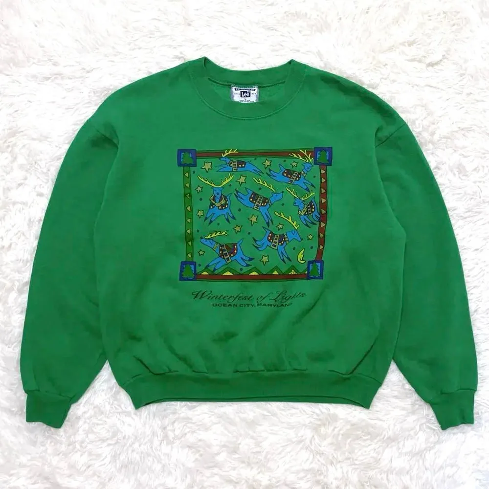 90s USA製 Lee コットンブレンド トナカイ スウェット グリーン L