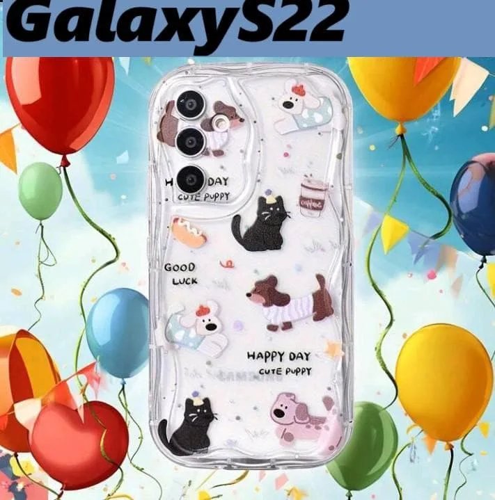 GalaxyS22 うねうねケース アニマル柄 子犬&猫 透明Galaxyケース