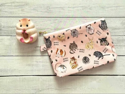ハンドメイド げっ歯類いっぱい ファスナーポーチ ピンク