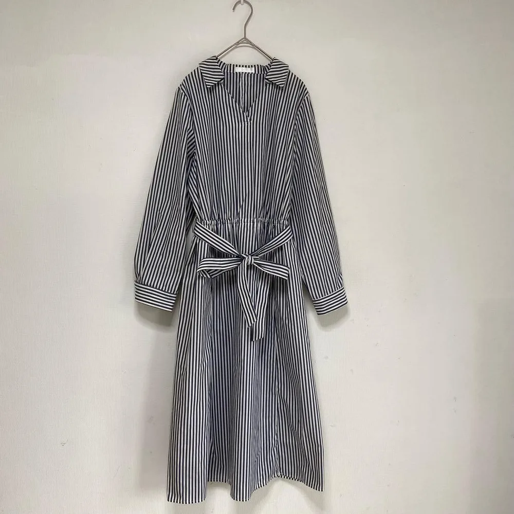 【DRESKIP】シャツワンピース ストライプ スキッパー 長袖 ベルト紐 M