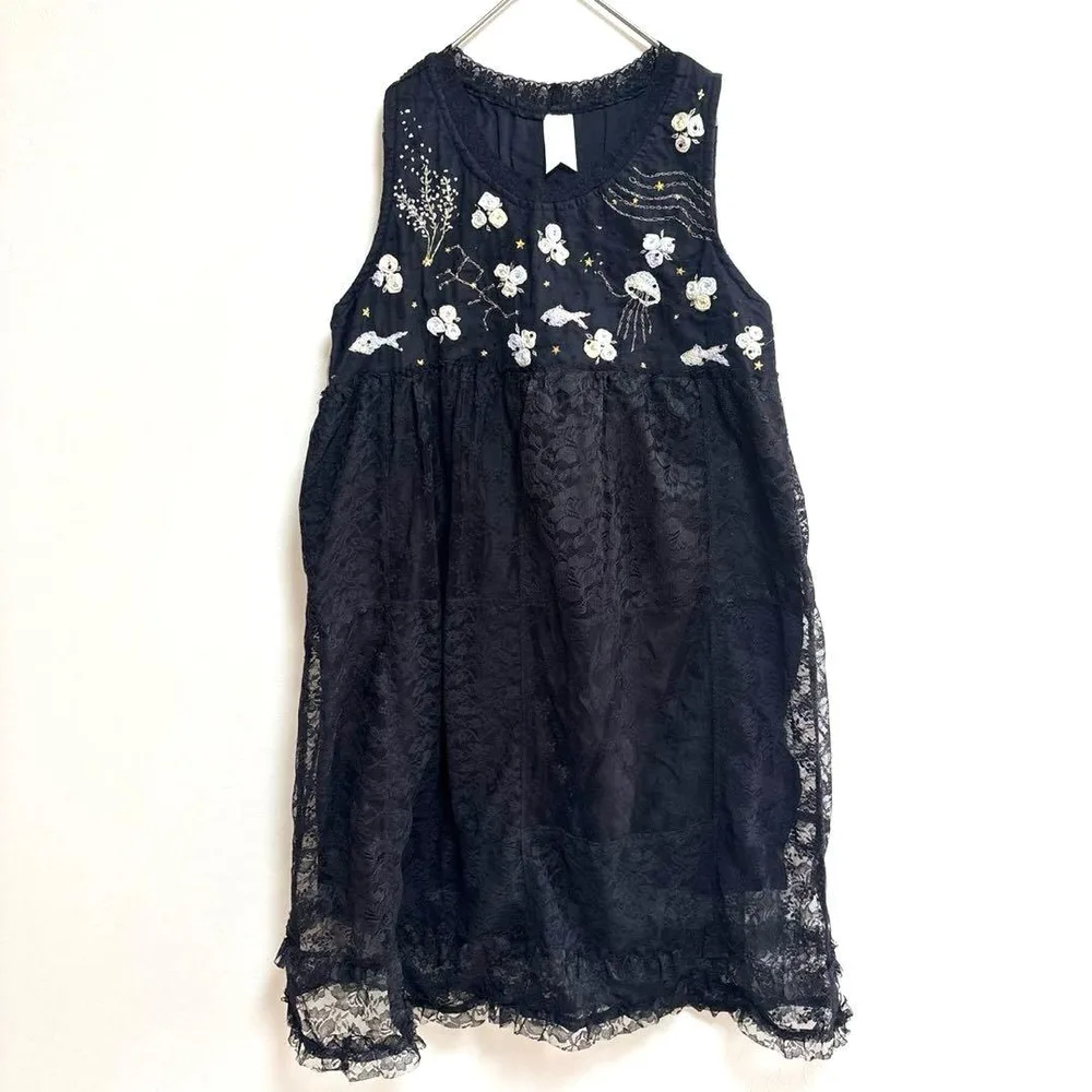 総レースワンピース ブラック ノースリーブ バックレースアップ 花柄刺繍