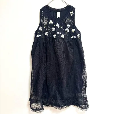 総レースワンピース ブラック ノースリーブ バックレースアップ 花柄刺繍