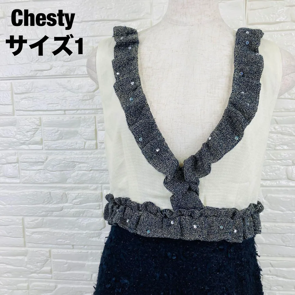 Chesty アイボリー×ネイビー ビジューフリルワンピース 上品【2477】