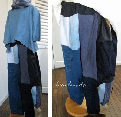 ハンドメイド バルーンパンツ ウエストゴム タック ボトム L パッチ異素材
