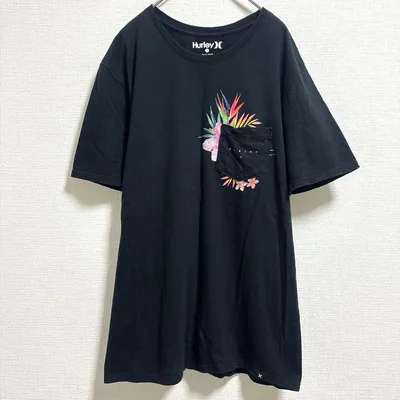 ハーレー 半袖Tシャツ クルーネック 半袖 ポケット花柄 L 黒 綿 デート