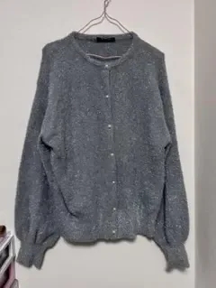 ラメ入り フェザーニット カーディガン グレー
