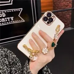 iphone14 ケース お花形のチェーン 白 ihone ケース