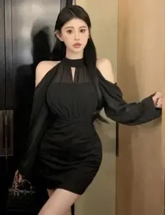 shein ワンホン ブラック オフショルダー ミニワンピース