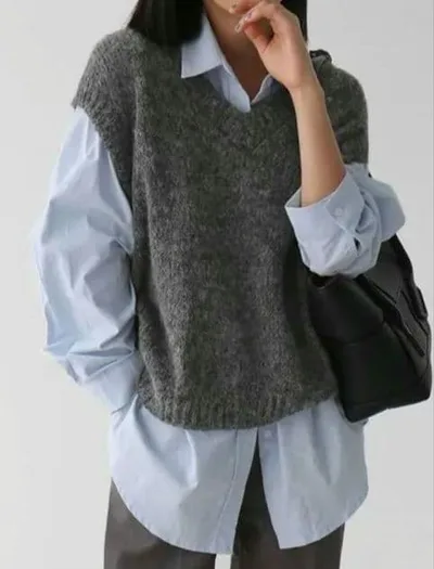 SHEIN DAZY シーイン Vネック ニットベスト グレー
