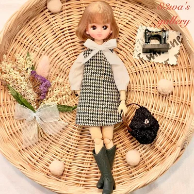 *22cmドール服*千鳥格子柄ボウタイ付きワンピース&ショルダーバッグ2点セット
