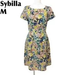 【美品】 Sybilla 半袖ワンピース シルク混 M ベージュ×マルチ 花総柄