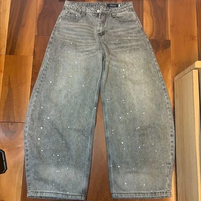 ARULE ペイント加工 ワイドデニムパンツ グレー