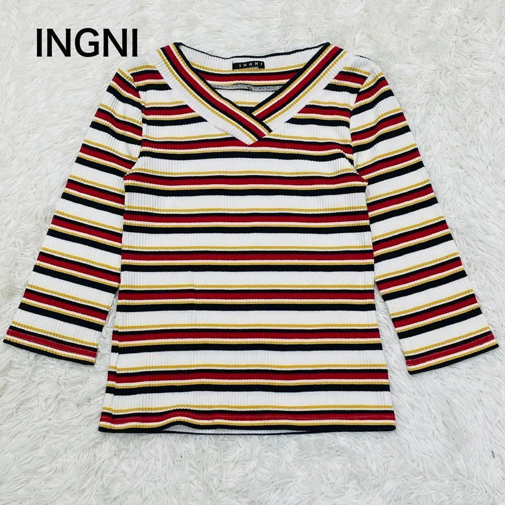 イング INGNI マルチボーダー 長袖リブニット Vネック 【M】 美品