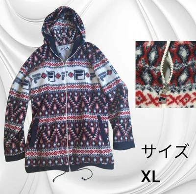 FILA フリースジャケット ボアパーカー 総柄 XL 極暖 裏地付き