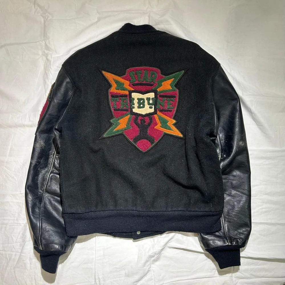 80s 90s USA製 TROPHY JACKETS 袖レザースタジャン 刺繍