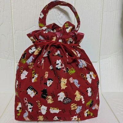 《ハンドメイド》和柄の巾着バッグ(ミニトート)No.16 やきとりねこ
