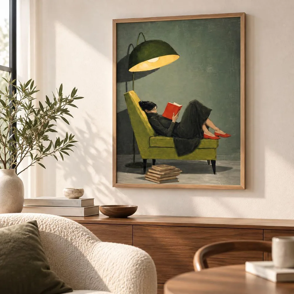 Mid Century Nordic Art Poster Women Reading Modern A045
