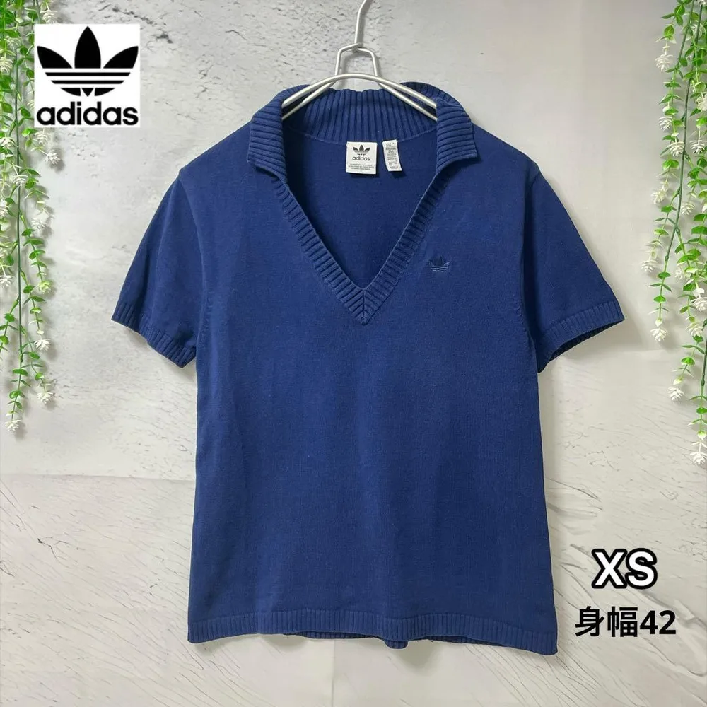 アディダス 半袖ニット ネイビー XS 刺繍ロゴ トレフォイル コットン100%