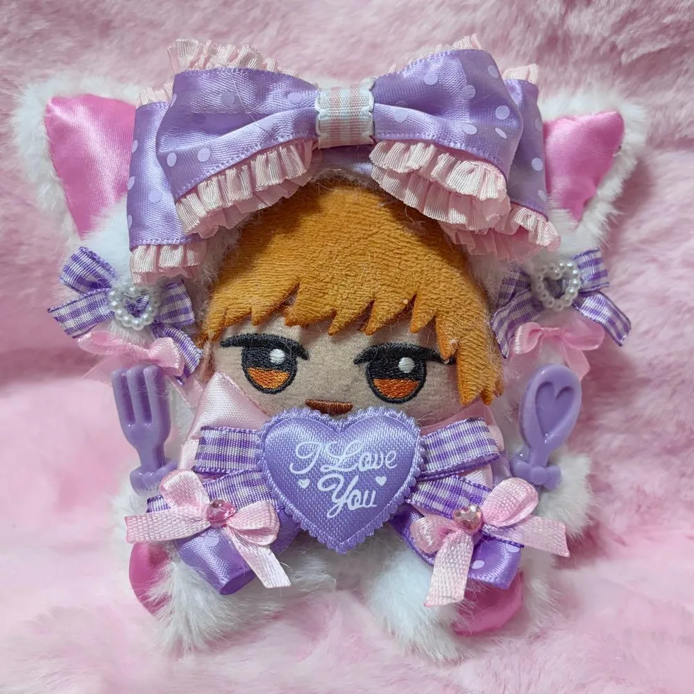 おすわりぬい服 12cm-14cm 猫耳 白×紫×ピンク 着ぐるみ ゆめかわ