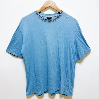 ☆ H&M (M) ネック 英字 ロゴ 半袖 Tシャツ ブルー