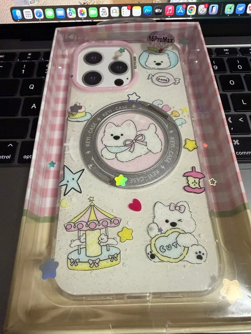 iPhone16ProMaxケース ホワイト ピンク犬柄 かわいい