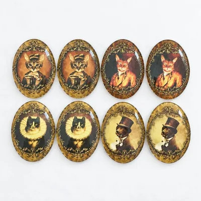 ガラスカボション 25mm×18mm 8個セット ヴィクトリアンキャット&ドッグ