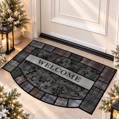 玄関マット タイル調 半円形 ドアマット 室内マット welcome グレー