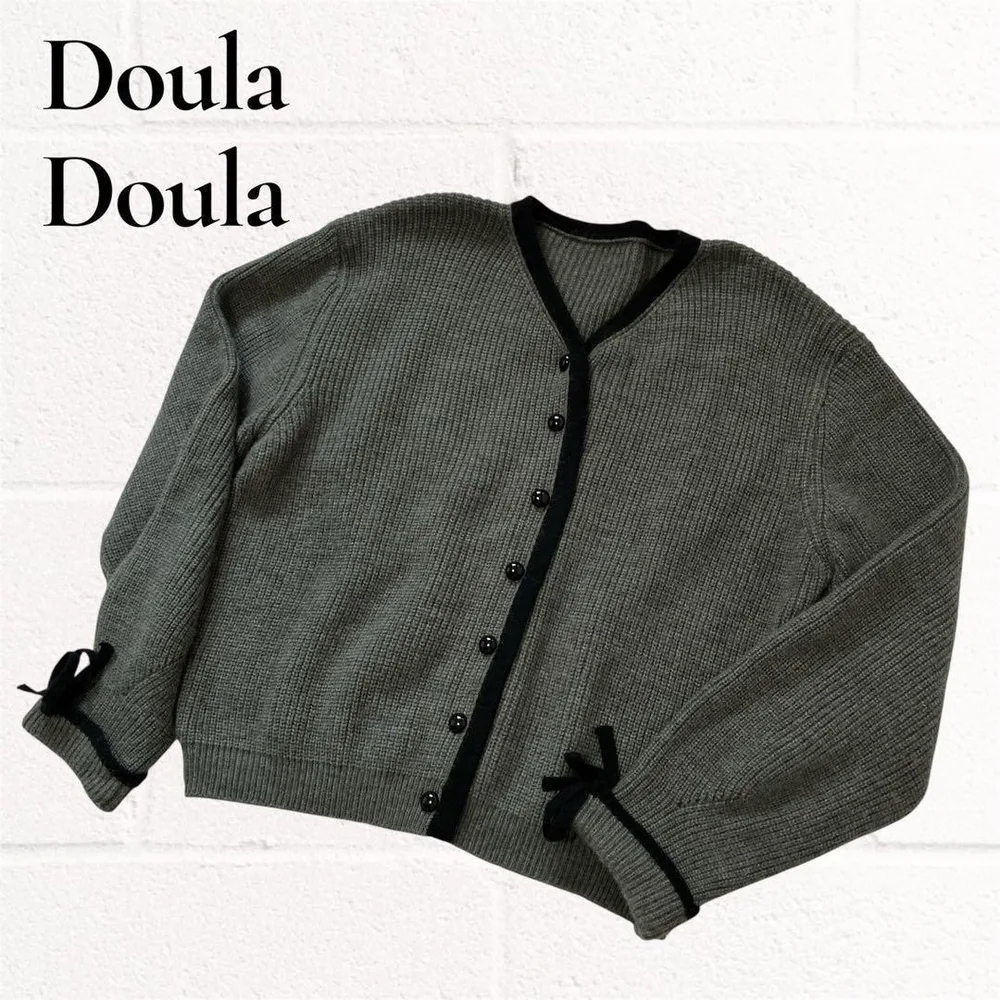 Doula Doula カーディガン ニット 袖リボン チャコール グレー