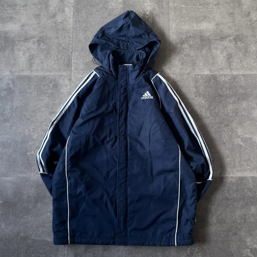 00s adidas ナイロンジャケット バックデカロゴ 紺 XL A678中綿