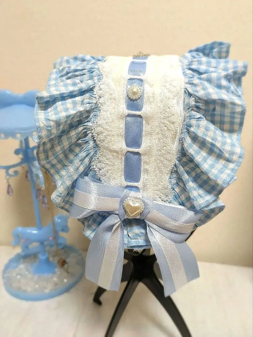 週末まで!!お値下げ 水色ギンガムチェック ヘッドドレス