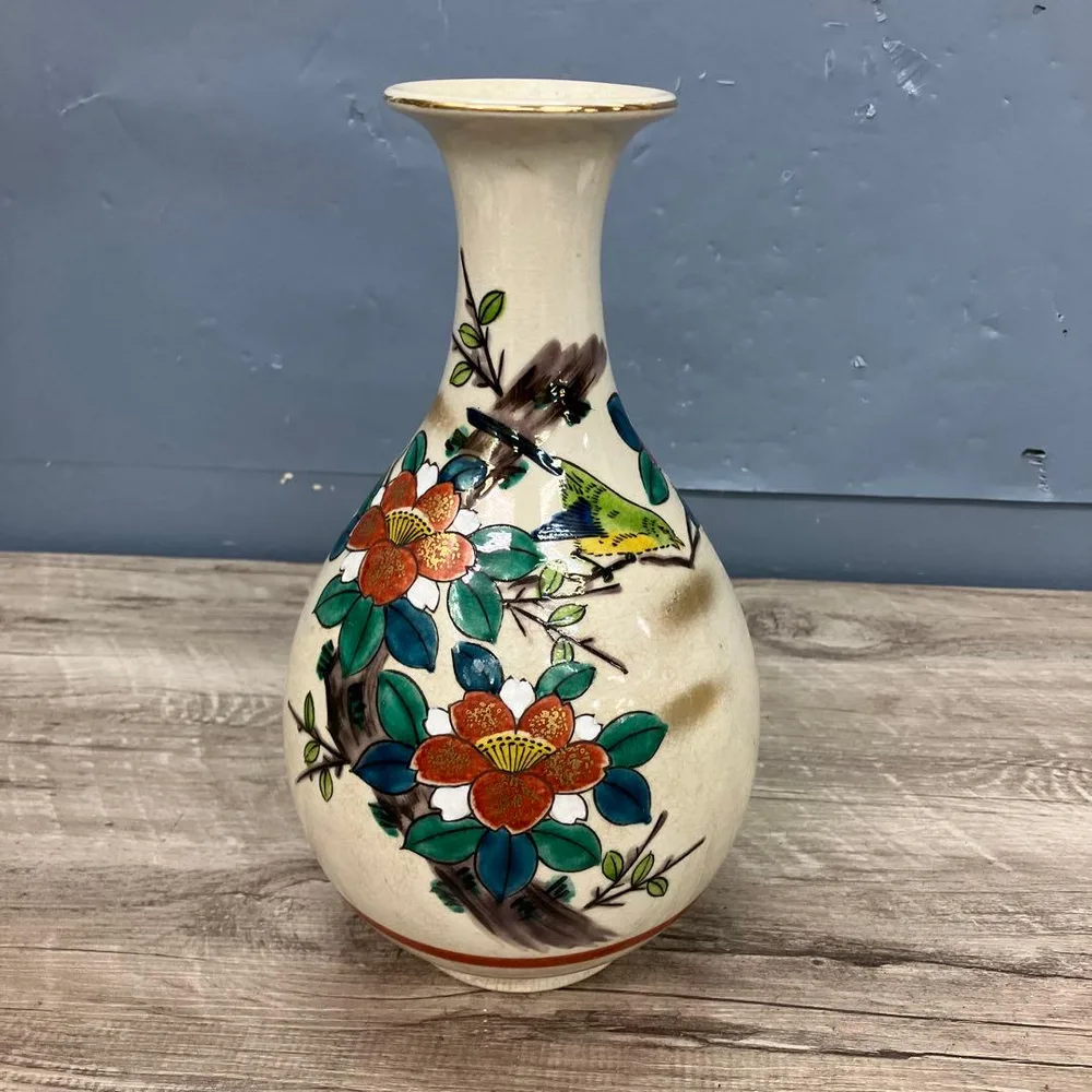 D壁 【九谷焼 文翠】伝統工芸 色絵 花鳥図 椿 鳥 花瓶 壺 花器 昭和レトロ